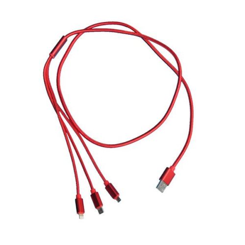 3 az 1-ben USB elosztó kábel (Micro USB, Apple lighting, USB-C), piros