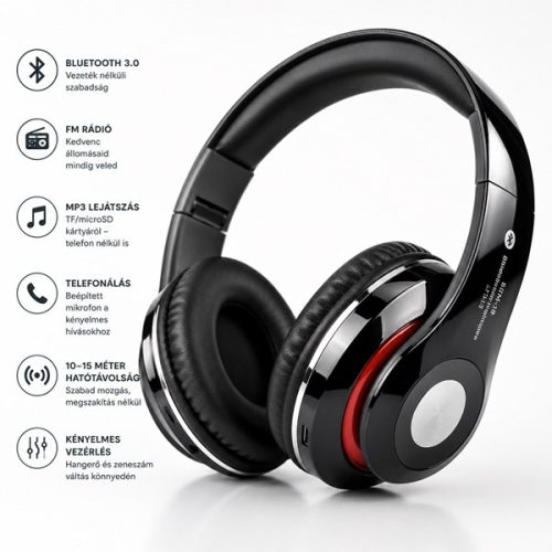 Bluetooth sztereó fejhallgató, rádióval, Mp3 headset, fekete